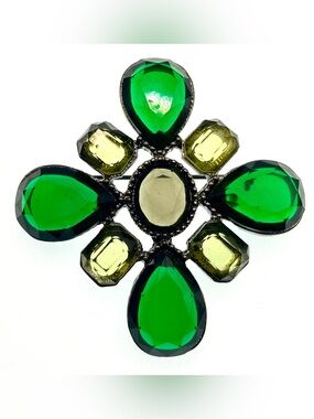 Vintage 1980s Green & Olive Rhinestone Statement Brooch Unsigned Gunmetal Floral